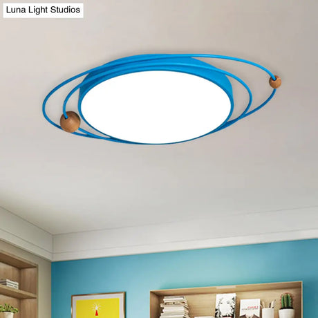 Nordic Led Flush Mount Ceiling Light With Acrylic Ring And Wood Ball In Grey/White/Blue