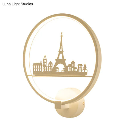 Nordic Led Wall Lamp With Eiffel Tower Or Couple Pattern - White/Black Metal Round Mural Fixture