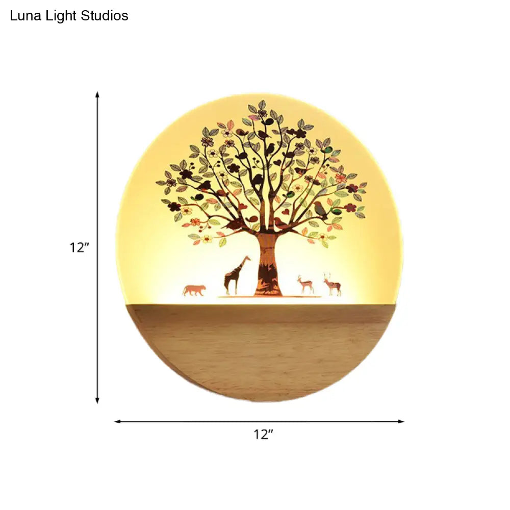 Nordic Led Wall Light With Wood Tree And Animal/Flowering Print Design Acrylic Shade Included