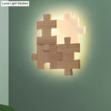 Nordic Led Wood Wall Mount Lamp - Beige Jigsaw Puzzle Sconce Light Fixture In White/Warm