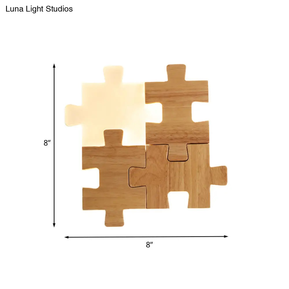 Nordic Led Wood Wall Mount Lamp - Beige Jigsaw Puzzle Sconce Light Fixture In White/Warm