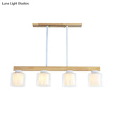 Nordic Linear Wood Island Light With White Glass Shades - 3/4 Heads Dining Room Hanging Lamp