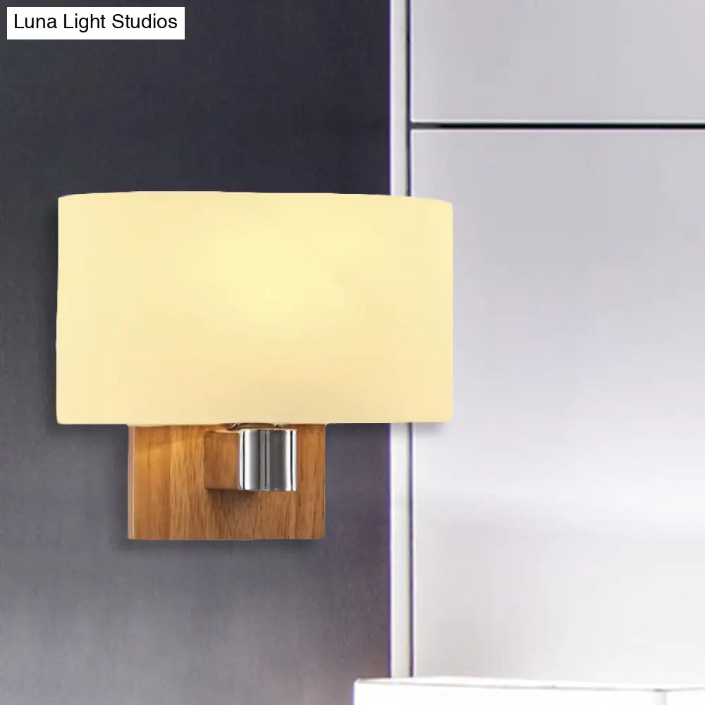 Nordic Living Room Sconce Lighting Fixture: Opal Glass Wall Light With Rectangle Shade & Wood Accent