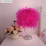 Nordic Loving Heart Night Light Feather Table Lamp In Red/Blue/White - Crystal Decor 1 Bulb For