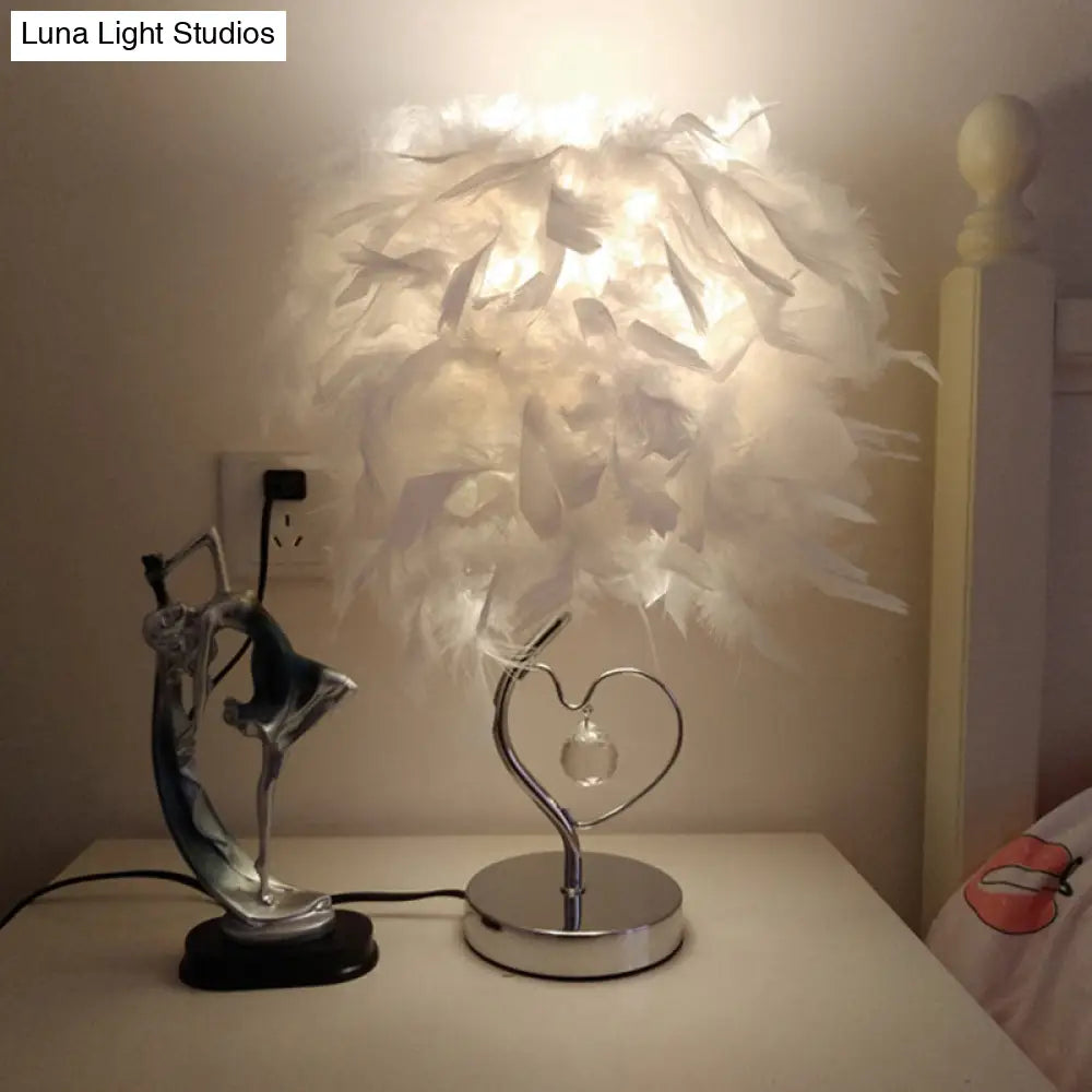 Nordic Loving Heart Night Light Feather Table Lamp In Red/Blue/White - Crystal Decor 1 Bulb For