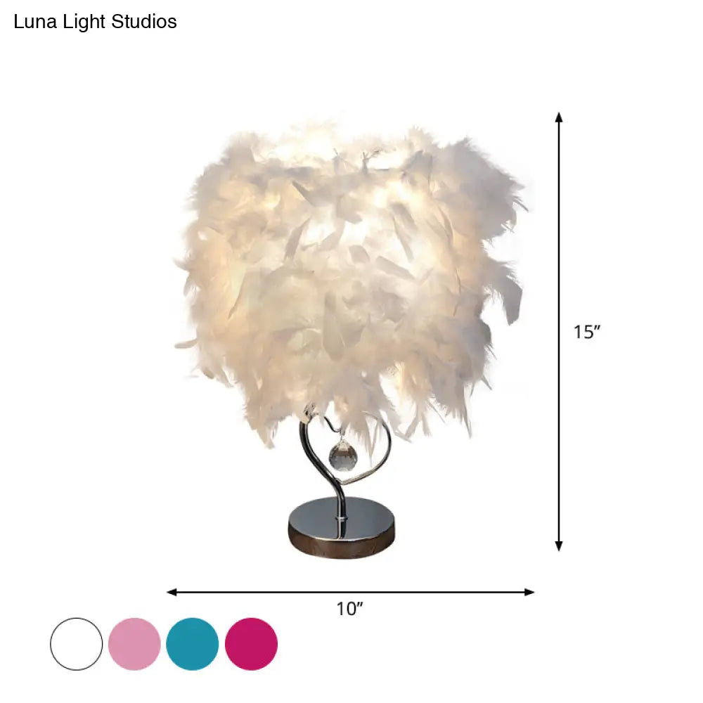 Nordic Loving Heart Night Light Feather Table Lamp In Red/Blue/White - Crystal Decor 1 Bulb For