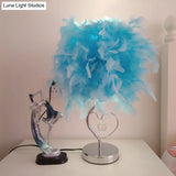 Nordic Loving Heart Night Light Feather Table Lamp In Red/Blue/White - Crystal Decor 1 Bulb For