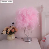 Nordic Loving Heart Night Light Feather Table Lamp In Red/Blue/White - Crystal Decor 1 Bulb For
