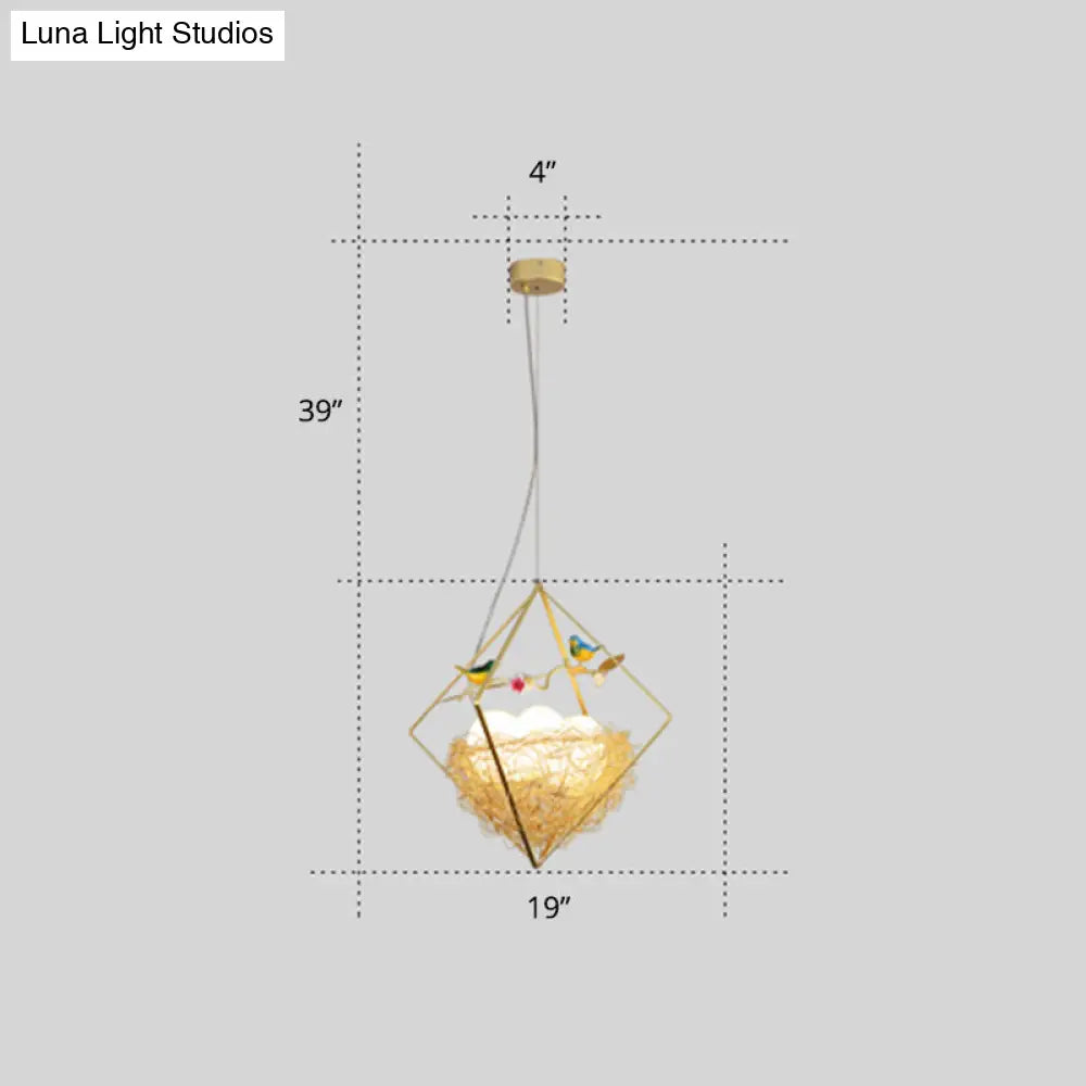 Nordic Metal 3-Light Birds Nest Chandelier - Beige Hanging Light With Rhombus Frame And Egg Shade