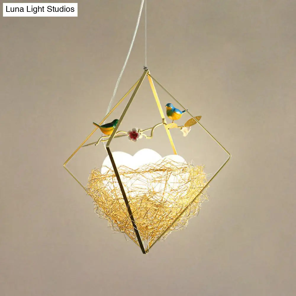 Nordic Metal 3-Light Birds Nest Chandelier - Beige Hanging Light With Rhombus Frame And Egg Shade