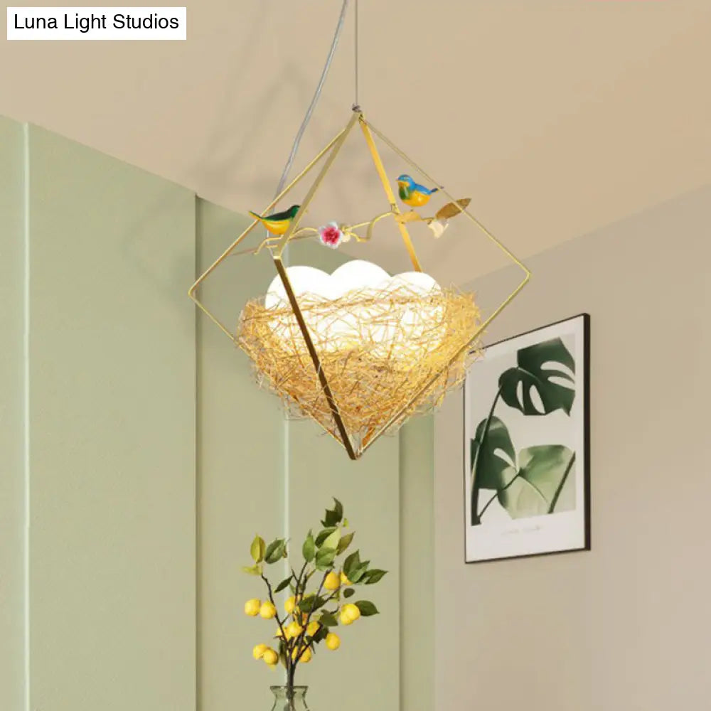 Nordic Metal 3-Light Birds Nest Chandelier - Beige Hanging Light With Rhombus Frame And Egg Shade