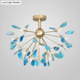 Nordic Metal And Agate Gold Starburst Ceiling Fixture - Semi Flush Mount For Bedroom
