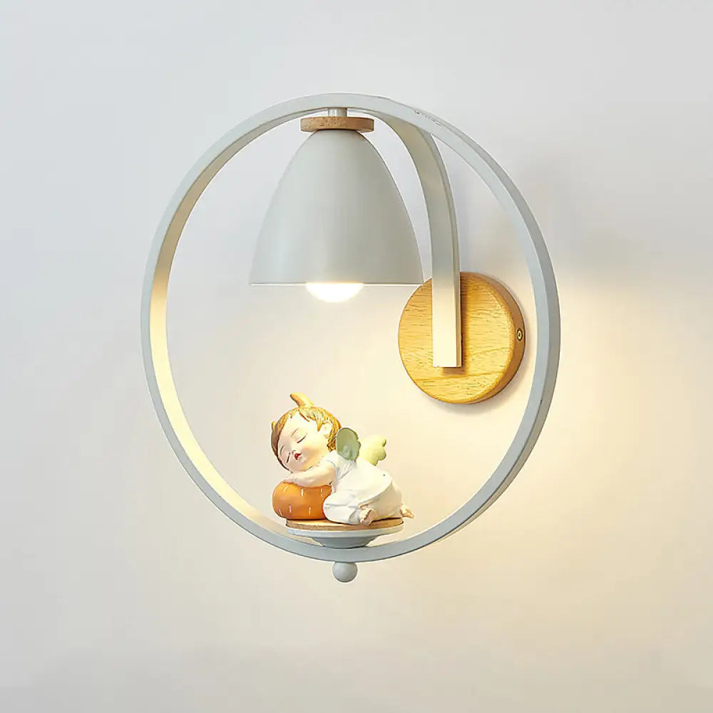 Nordic Metal Bell Wall Lamp - White Sconce Lighting With Ring And Figurine Deco / Boy