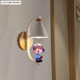 Nordic Metal Cone Shade Wall Lighting - 1 Light Black/White Finish Mount Lamp With Charming Boy Deco