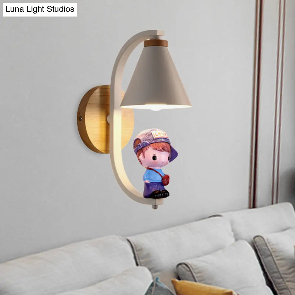 Nordic Metal Cone Shade Wall Lighting - 1 Light Black/White Finish Mount Lamp With Charming Boy Deco