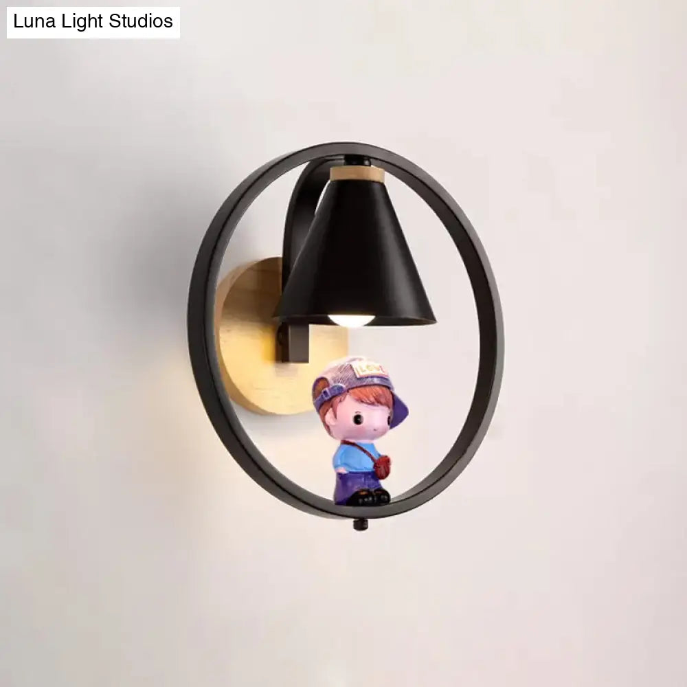 Nordic Metal Cone Shade Wall Lighting - 1 Light Black/White Finish Mount Lamp With Charming Boy Deco