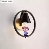 Nordic Metal Cone Shade Wall Lighting - 1 Light Black/White Finish Mount Lamp With Charming Boy Deco