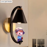 Nordic Metal Cone Shade Wall Lighting - 1 Light Black/White Finish Mount Lamp With Charming Boy Deco