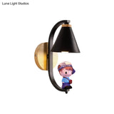 Nordic Metal Cone Shade Wall Lighting - 1 Light Black/White Finish Mount Lamp With Charming Boy Deco