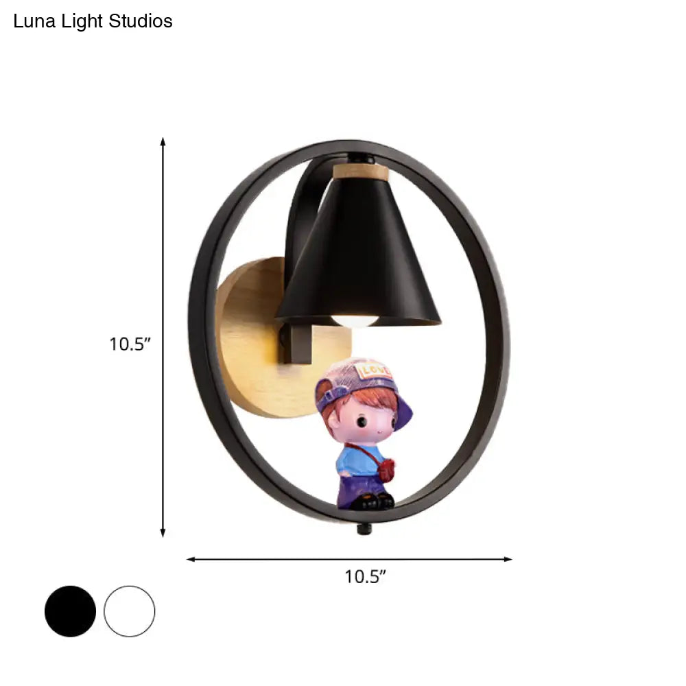 Nordic Metal Cone Shade Wall Lighting - 1 Light Black/White Finish Mount Lamp With Charming Boy Deco