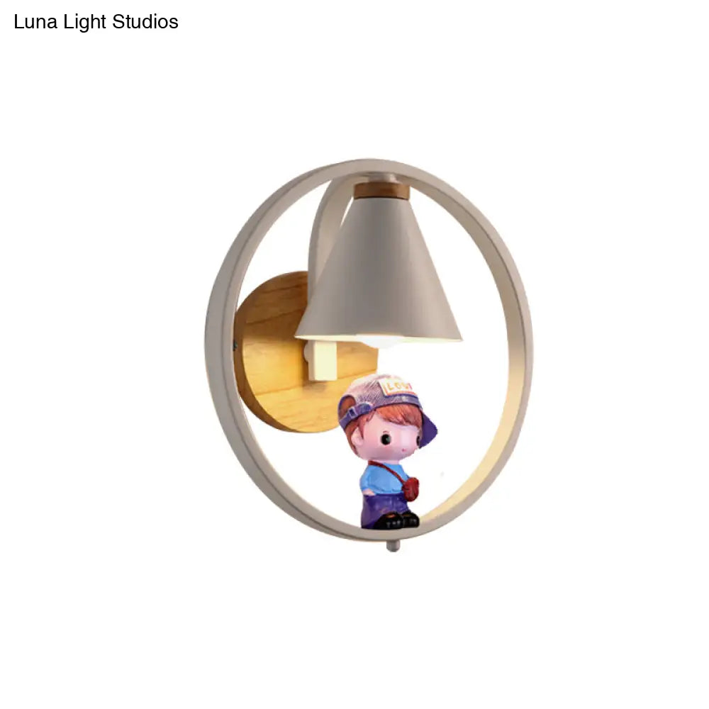 Nordic Metal Cone Shade Wall Lighting - 1 Light Black/White Finish Mount Lamp With Charming Boy Deco