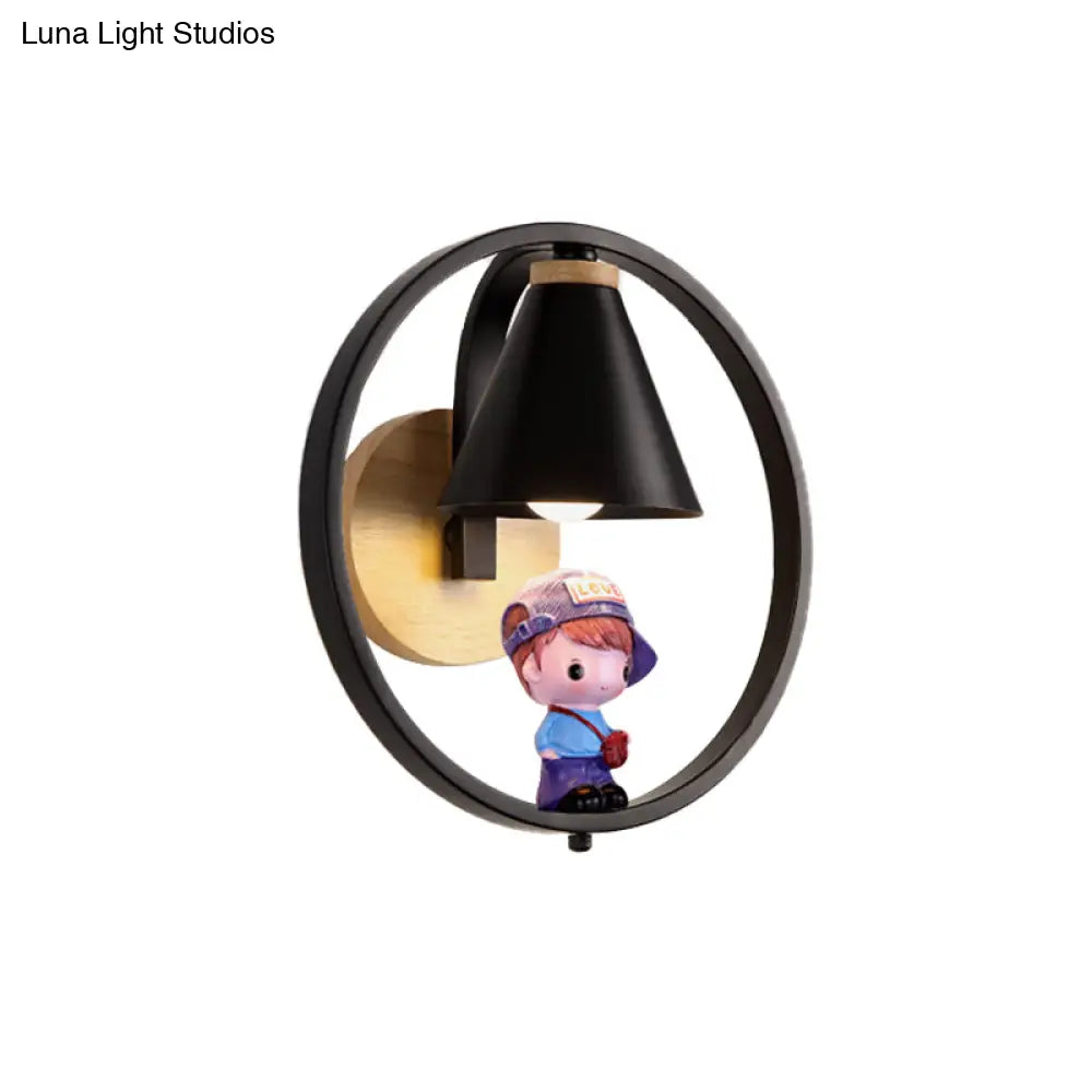 Nordic Metal Cone Shade Wall Lighting - 1 Light Black/White Finish Mount Lamp With Charming Boy Deco