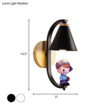 Nordic Metal Cone Shade Wall Lighting - 1 Light Black/White Finish Mount Lamp With Charming Boy Deco