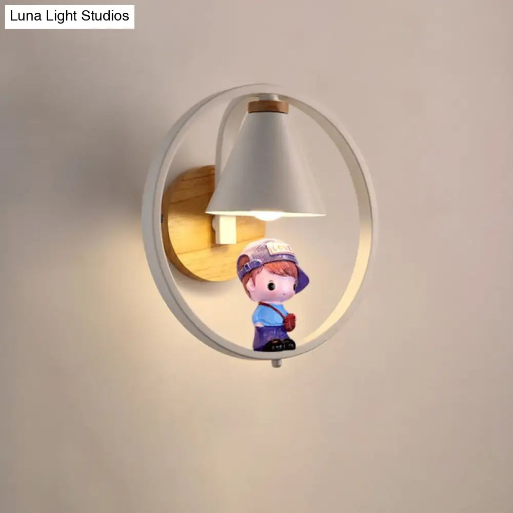 Nordic Metal Cone Shade Wall Lighting - 1 Light Black/White Finish Mount Lamp With Charming Boy Deco