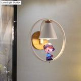 Nordic Metal Cone Shade Wall Lighting - 1 Light Black/White Finish Mount Lamp With Charming Boy Deco