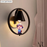 Nordic Metal Cone Shade Wall Lighting - 1 Light Black/White Finish Mount Lamp With Charming Boy Deco