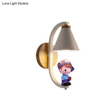Nordic Metal Cone Shade Wall Lighting - 1 Light Black/White Finish Mount Lamp With Charming Boy Deco