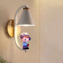Nordic Metal Cone Shade Wall Lighting - 1 Light Black/White Finish Mount Lamp With Charming Boy Deco