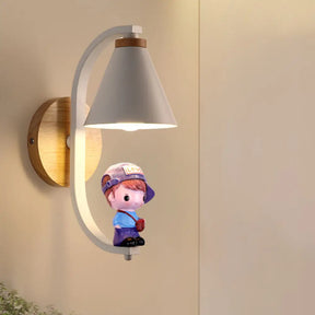 Nordic Metal Cone Shade Wall Lighting - 1 Light Black/White Finish Mount Lamp With Charming Boy Deco