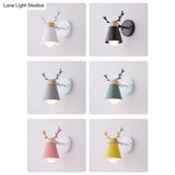 Nordic Metal Rotating Cone Shade Sconce Lighting With Antler Deco - 1-Light Kids Room Reading Light