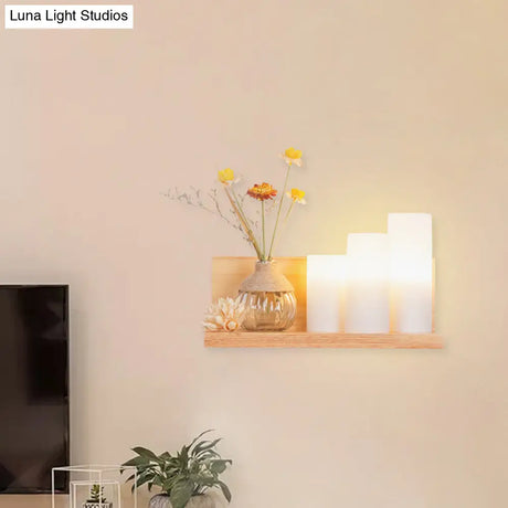 Nordic Milky Glass Wall Sconce With Wood Spiral/Cylinder Design - Mounted Light Fixture