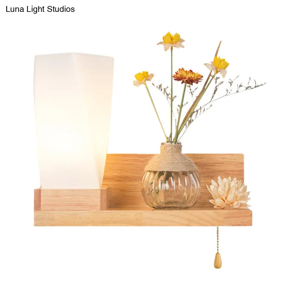 Nordic Milky Glass Wall Sconce With Wood Spiral/Cylinder Design - Mounted Light Fixture