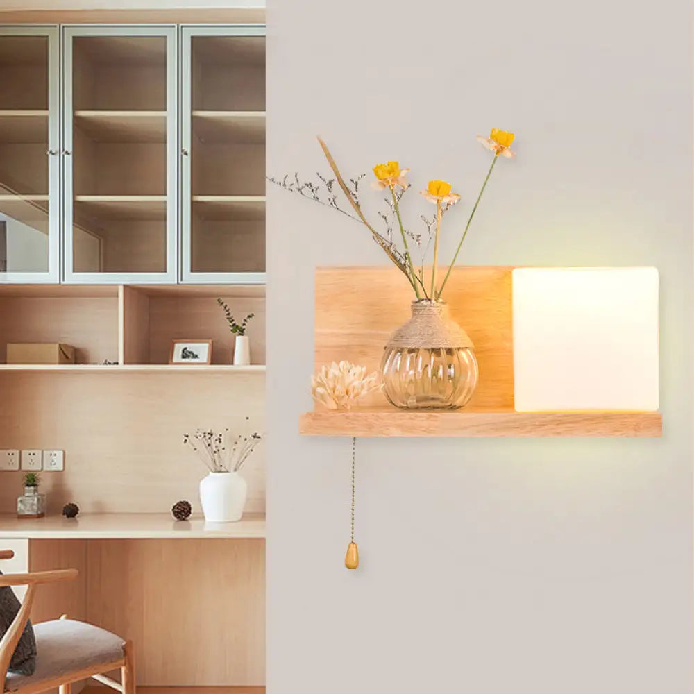 Nordic Milky Glass Wall Sconce With Wood Spiral/Cylinder Design - Mounted Light Fixture / A