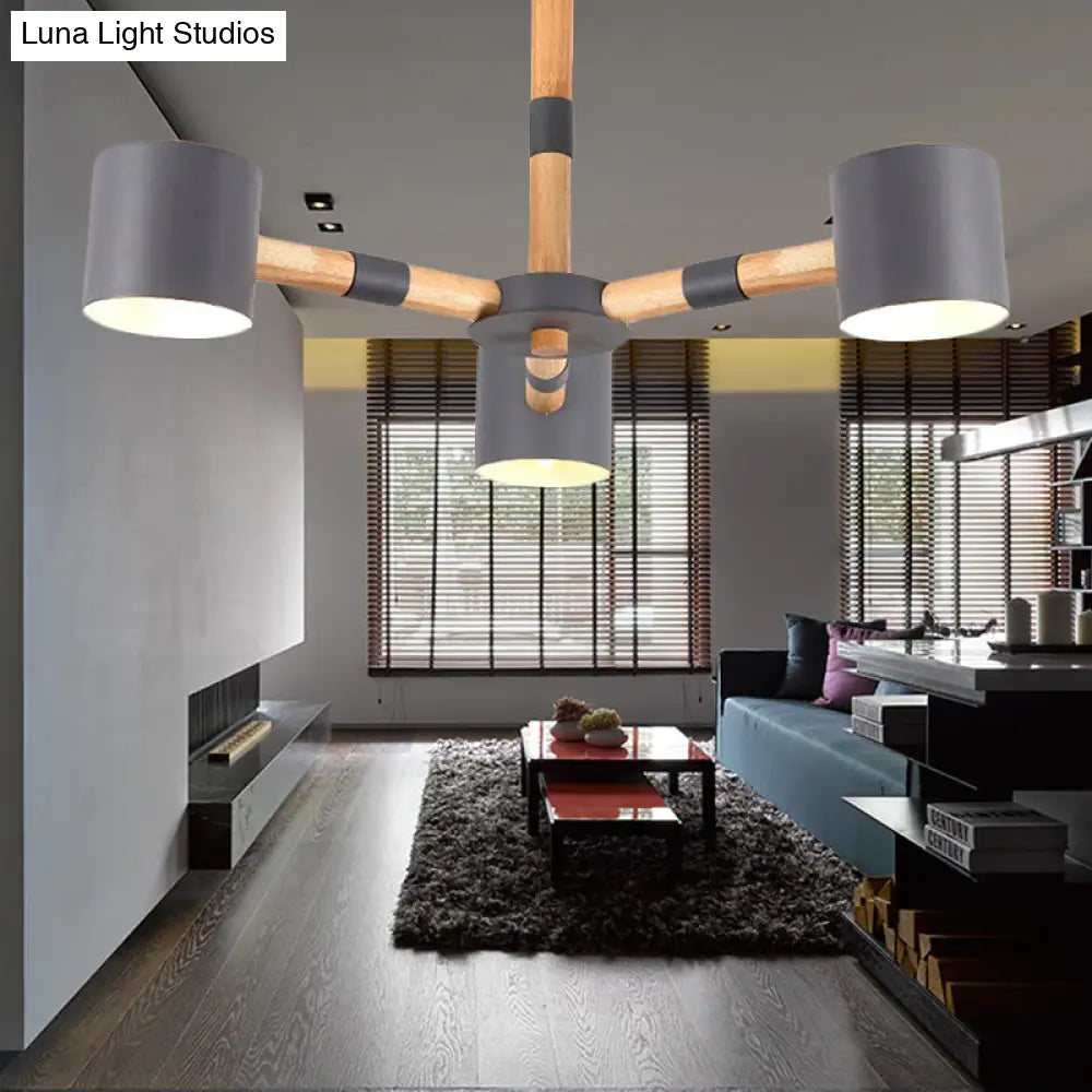 Nordic Modern Hanging Light - Cylinder Shade For Boys Bedroom Chandelier Metal & Wood Design