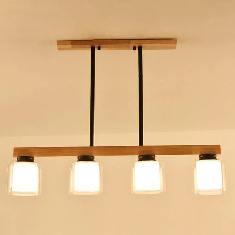 Nordic Modern Wood Island Pendant With Glass Lampshade Hanging Lamp 4 / Black