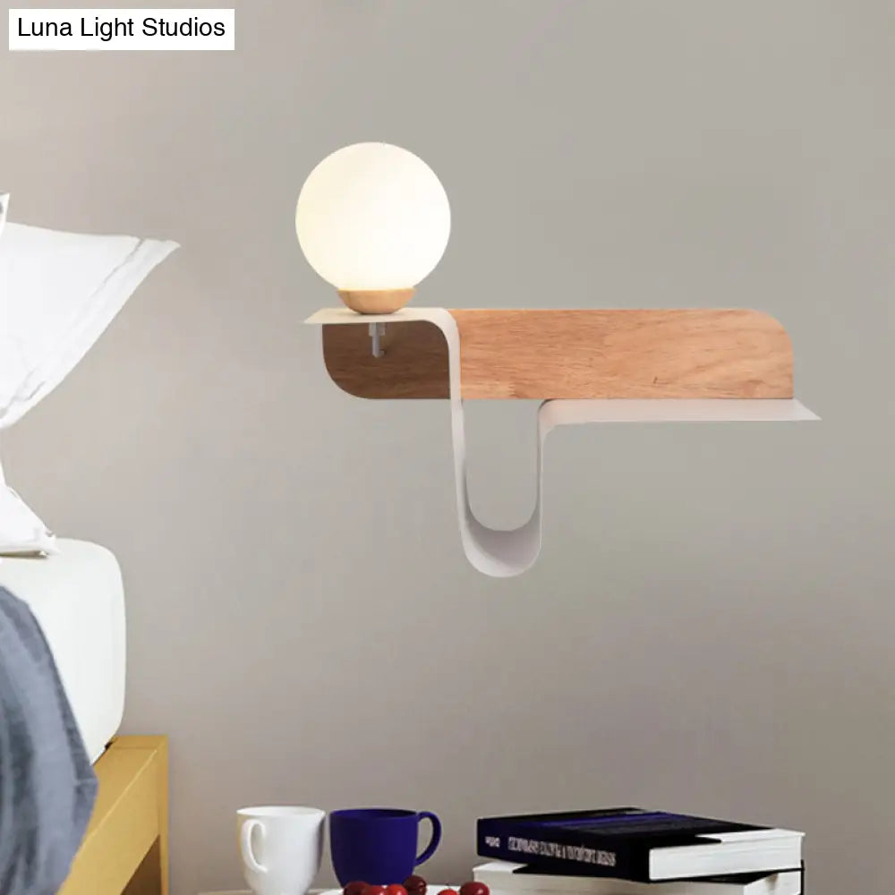 Nordic Opal Frosted Glass Sconce: Orb 1 Bulb Wall Mounted Lamp With White-Wood Shelf (Left/Right)