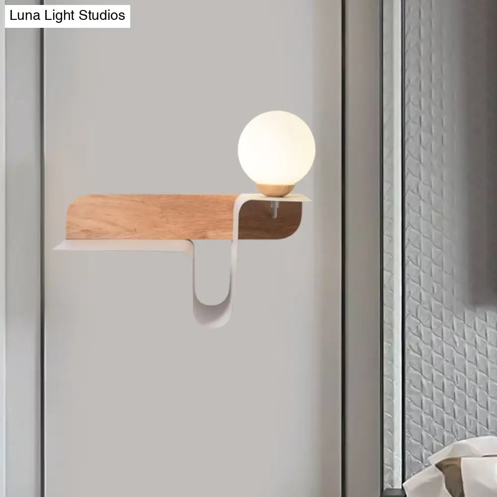 Nordic Opal Frosted Glass Sconce: Orb 1 Bulb Wall Mounted Lamp With White-Wood Shelf (Left/Right)