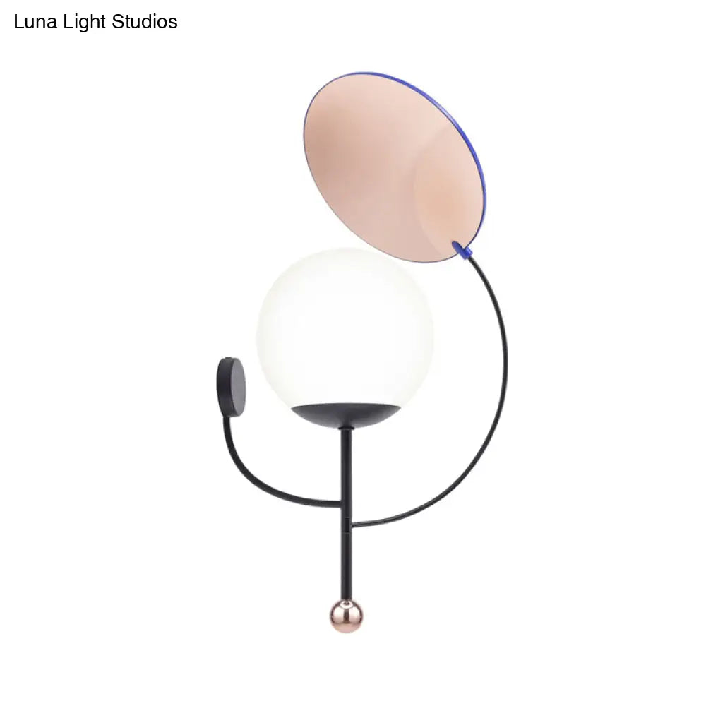 Nordic Opal Glass Wall Sconce With Round Mirror - 1-Head Bedroom Light Fixture (Black)