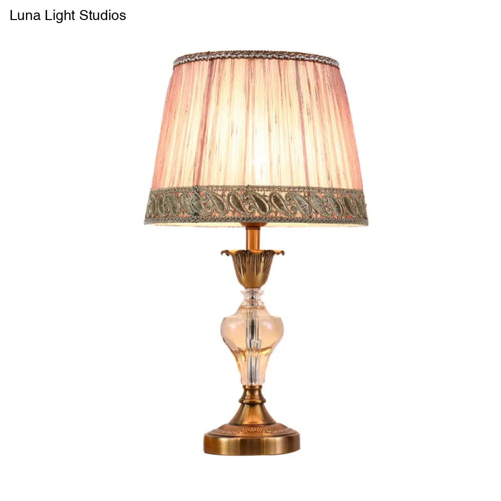 Nordic Pink Crystal Desk Lamp With Conical Fabric Shade - Living Room Table Light
