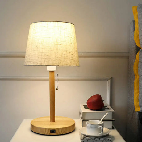 Nordic Pull Chain Table Light: 1-Bulb Night Lamp With Fabric Empire Shade - Perfect For Bedroom Wood