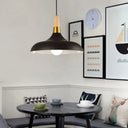 Nordic Single Pendant With Wood Top And Metallic Pot-Lid Suspension For Dining Room Lighting Black