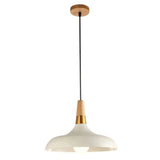 Nordic Single Pendant With Wood Top And Metallic Pot-Lid Suspension For Dining Room Lighting White