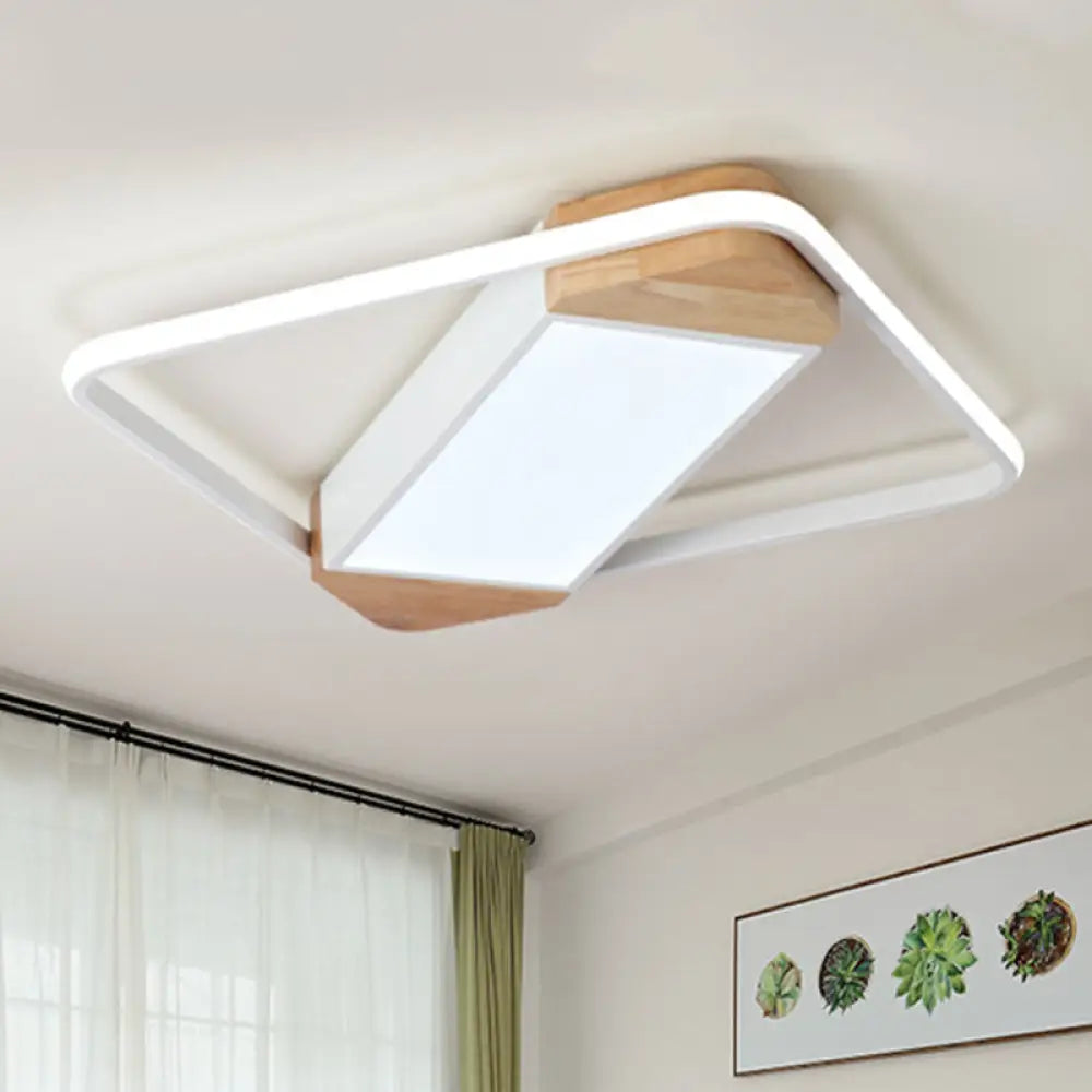 Nordic Square Ceiling Lamp - White Wood & Acrylic Flush Mount Light
