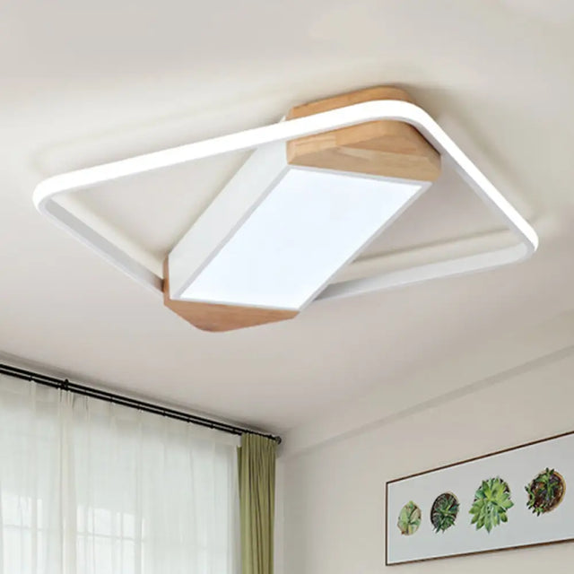 Nordic Square Ceiling Lamp - White Wood & Acrylic Flush Mount Light