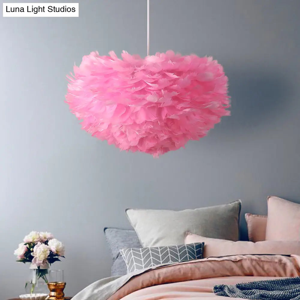 Nordic Style Bedroom Suspension Light Fixture With Feather Dome Pendant Shade