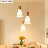 Nordic Style Conic Pendant Lamp With Ribbed Glass And Wood Hangings - 3 Lights White Linear/Round